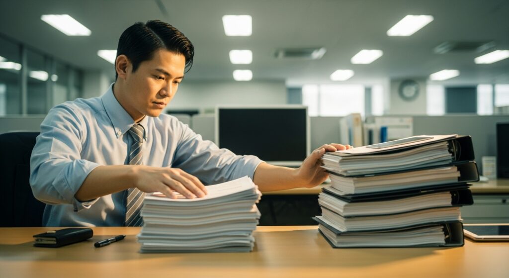 デスクで大量の書類やファイルを前に、担当業務の範囲を仕分けするように整理している若手ビジネスパーソン。