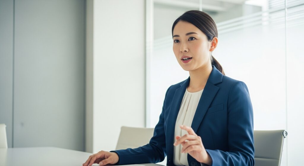 会議室で相手に対し、結論から順序立てて明確に意見を伝えている仕事のできる日本人女性