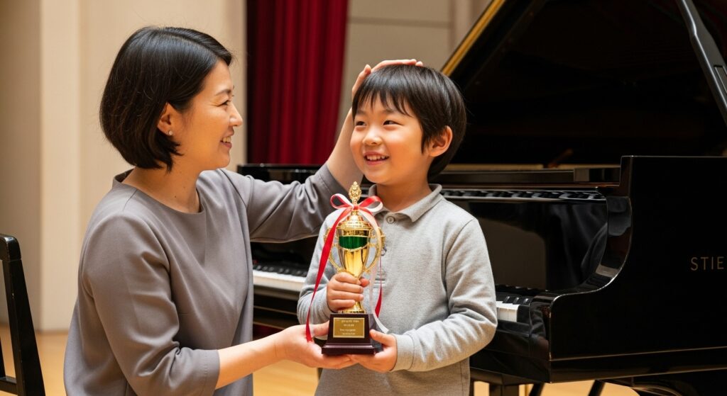 ピアノの発表会でトロフィーを取った息子を笑顔で褒める母親