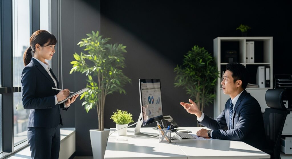 作業を始める前に、上司と作業の目的について確認しメモを取る日本人女性