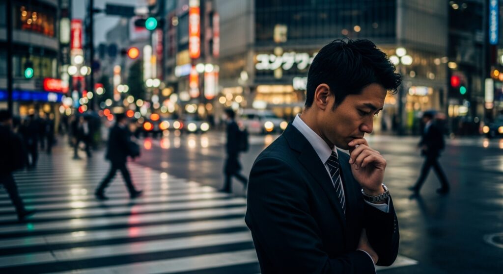 交差点でうつむき加減に考え込むスーツ姿の男性を中心に、周囲を多くの通勤者が行き交う、環境を変えるべきか悩むビジネスパーソンの姿。