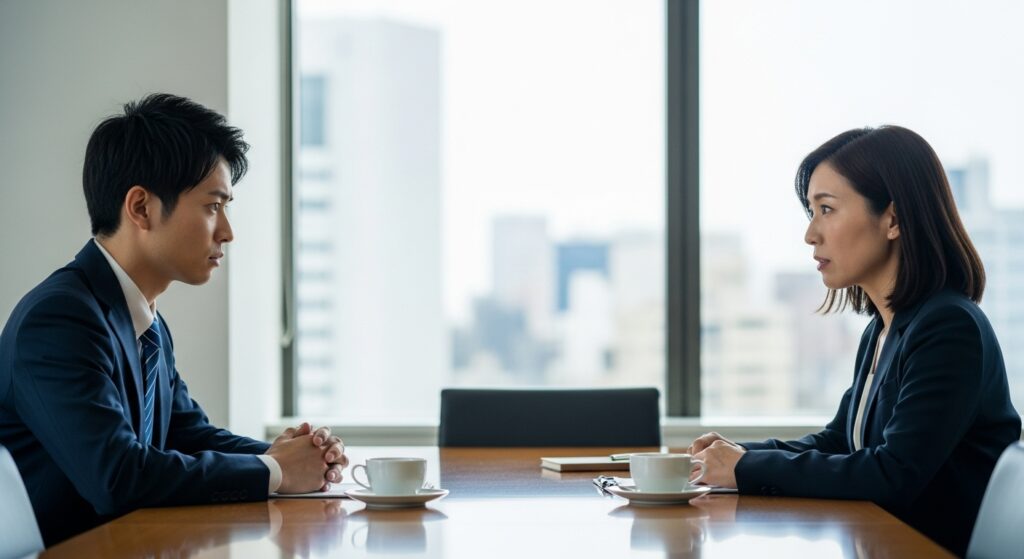 仕事をよく休む人と、オフィスの会議室でコーヒーを飲みながら話し合いの機会を作る日本人女性。