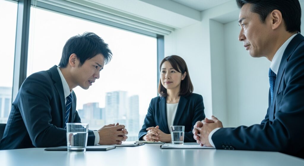 高圧的な人について一人で抱え込まず、人事担当者や上司に真剣な表情で相談する日本人男性社員。