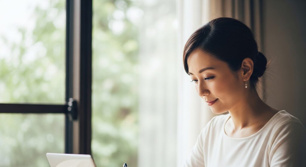 職場の人間関係や周囲の雑音に振り回されることなく、穏やかな表情で自分の業務に集中する女性を描いた賢い対処法のイメージ。