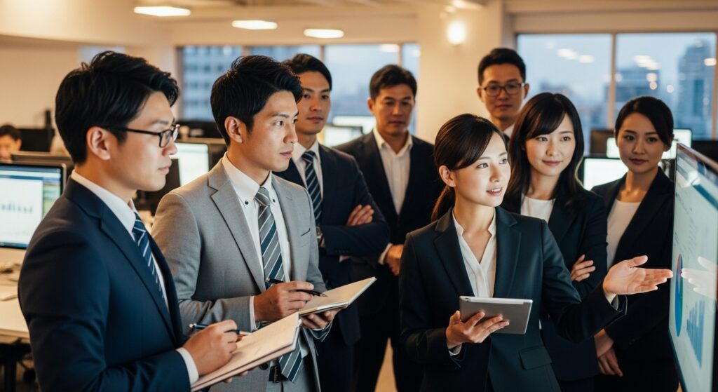 オフィスで複数の日本人ビジネスパーソンが画面を見ながら意見を交わし、部署や同僚どうしで連携しながら仕事を進めている場面。