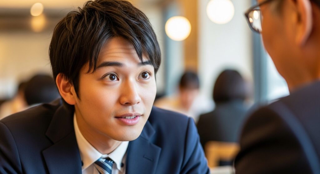 相手の話に身を乗り出し、興味津々な表情で耳を傾ける知的好奇心の強そうな日本人男性のアップ