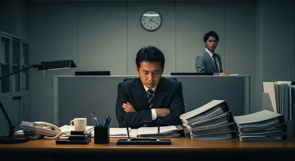 書類の山を前に腕を組んで考え込む上司と、後ろで不安そうに見守る部下。意思決定が遅い管理職を示している。