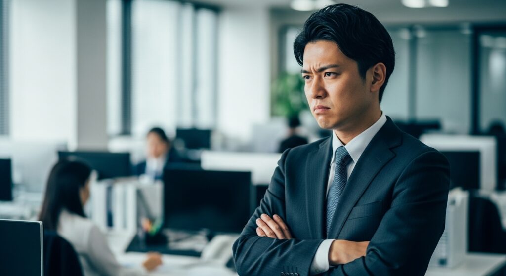 オフィスで腕を組み、指摘を受け入れず不満そうな表情を浮かべる日本人ビジネスマン。自分の非を認めずに、人のせいにしている様子。