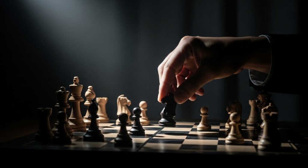 他者をコントロールしたいという強い支配欲を、チェス盤の駒を動かす手で表現したイメージ。