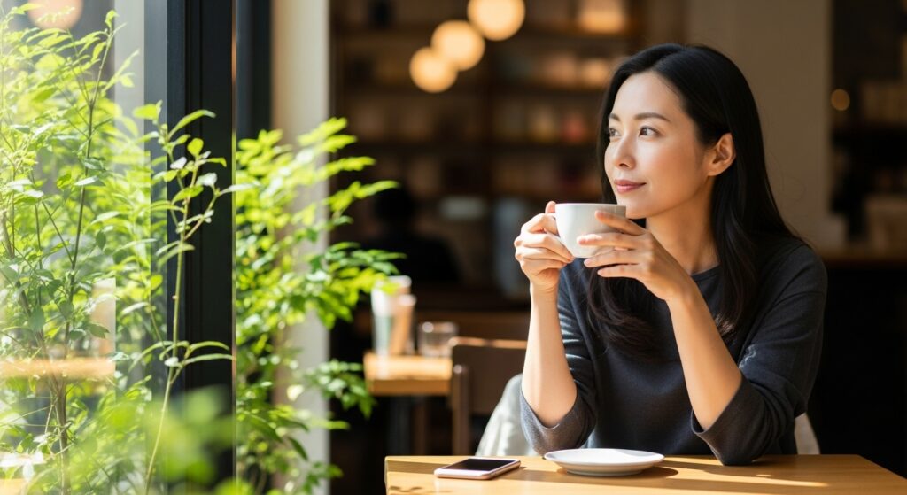 カフェでスマートフォンを机に置き、他人との比較から距離を置いて窓の外を眺めリラックスする日本人女性。