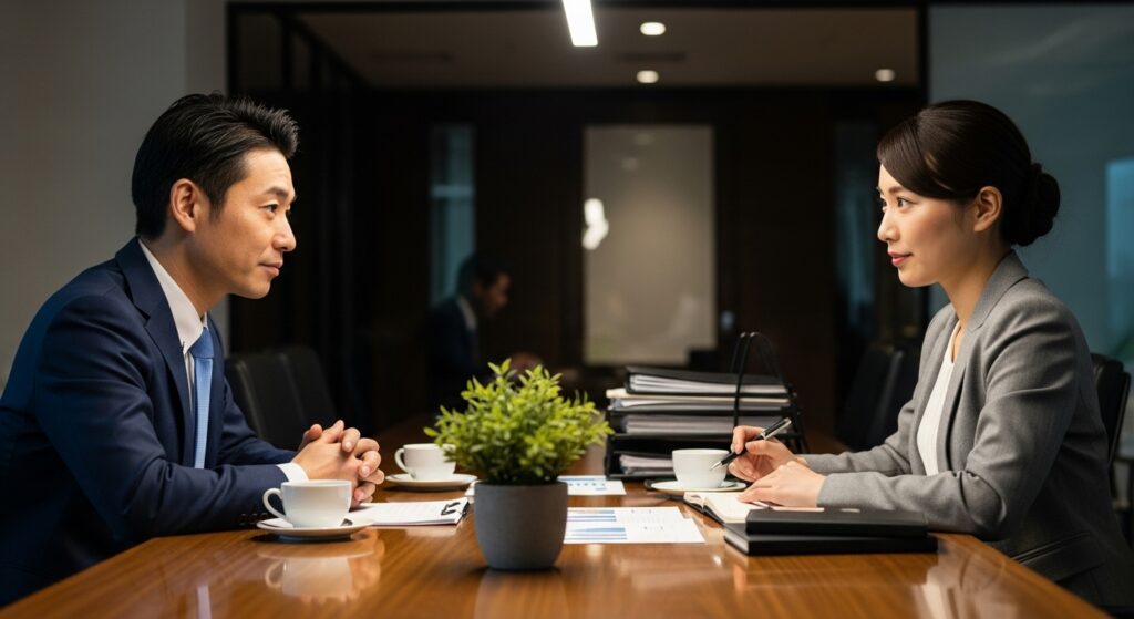 落ち着いた会議室で向かい合い、悩み相談ではなく具体的な解決策を求めて建設的な対話をする二人の日本人ビジネスパーソン