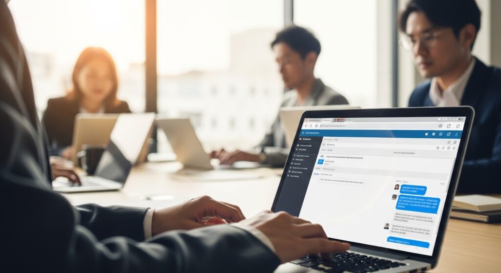 会議室でノートパソコンのチャット画面を開き、周囲のメンバーとともに記録に残る形で業務連絡を行っている様子。