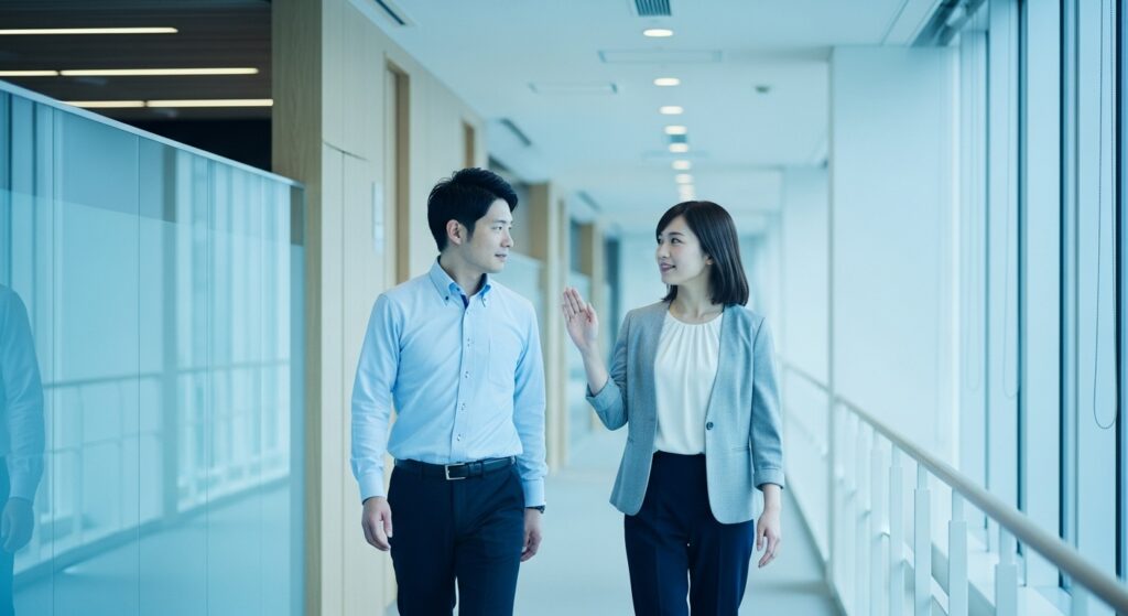 オフィスの廊下を歩きながら、適度な距離感を保ちつつ爽やかに会話をするプロフェッショナルな関係の日本人男女