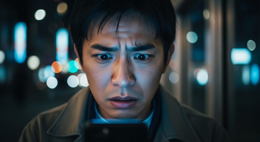 夜の街でスマートフォンを見つめ、SNSの反応を気にして不安そうな表情を浮かべる日本人男性。