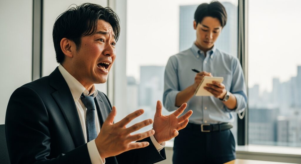 感情的に話す相手とは対照的に、冷静な表情でメモを取り事実を確認している男性