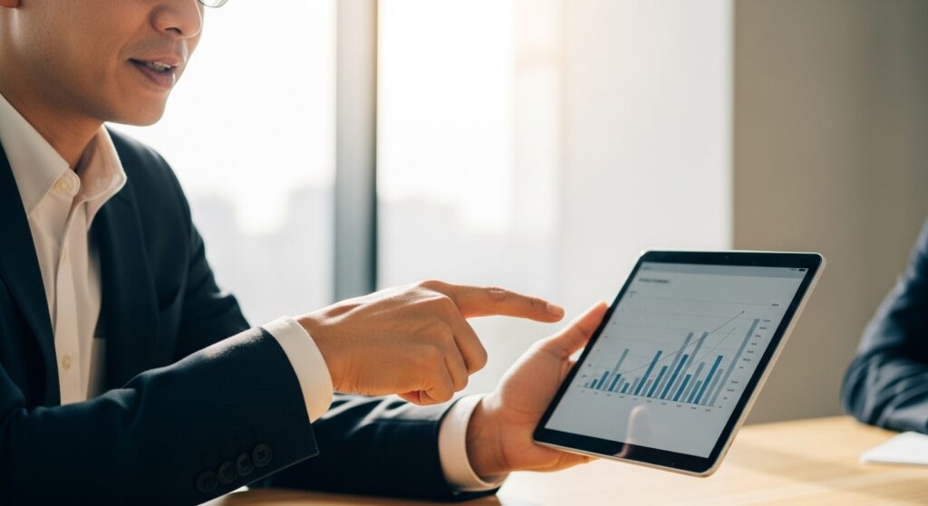 感情論を排し、タブレット上のデータやグラフを指差して事実と根拠に基づいた説明を行うビジネスパーソンの手元