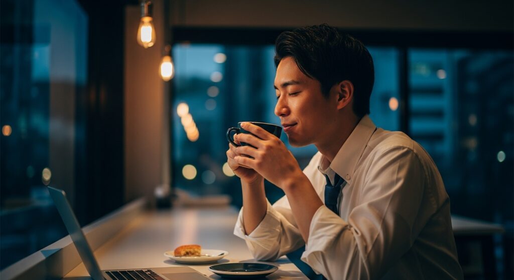 完璧ではなく完了を目指し、仕事を終えてほっと一息つく日本人男性