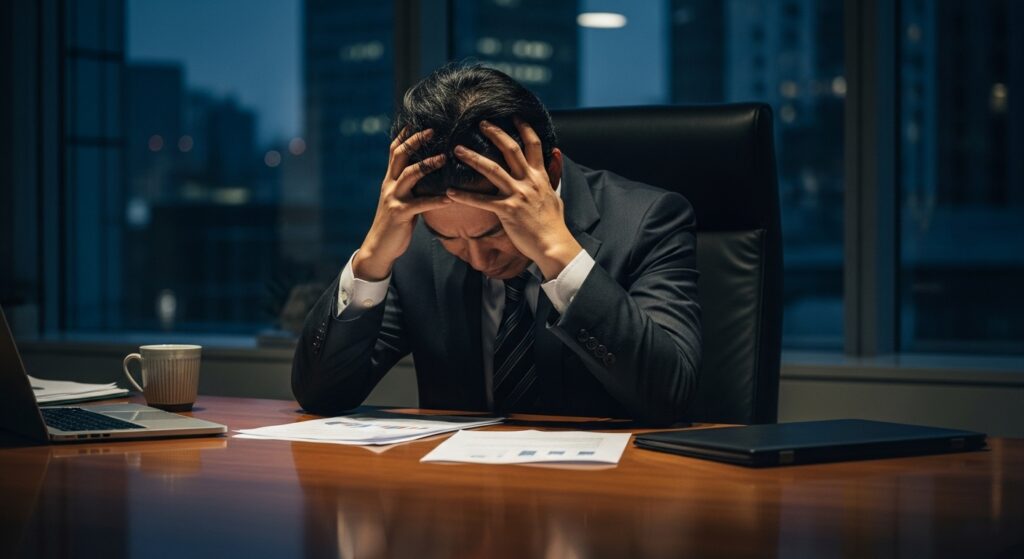 仕事の失敗や弱さが露呈することを恐れ、夜のオフィスで一人頭を抱える日本人男性。