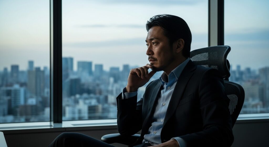 高層オフィスの窓際で、物憂げな表情で顎に手を当てて考え事をするプライドの高さを感じさせる男性
