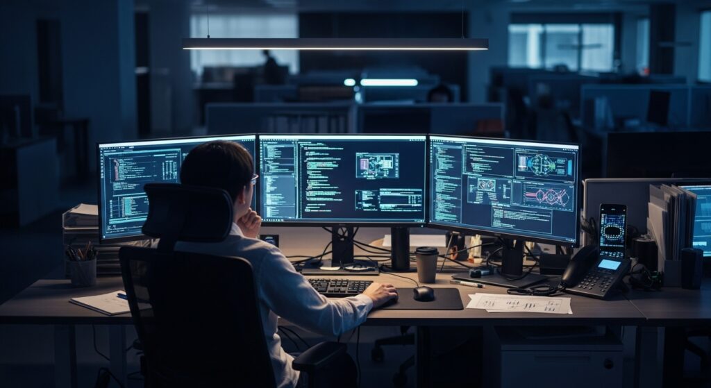 夜のオフィスで複数のモニターに囲まれ、誰にも頼らず一人で高度なタスクを自己完結させているエンジニア風の男性