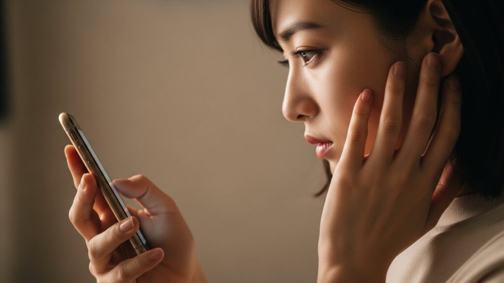 決意を込めた真剣な眼差しでスマートフォンを操作している女性。約束を守らない人と縁を切るまでに試すべき対処法として、連絡先をブロックするなどの具体的な行動に移る瞬間。