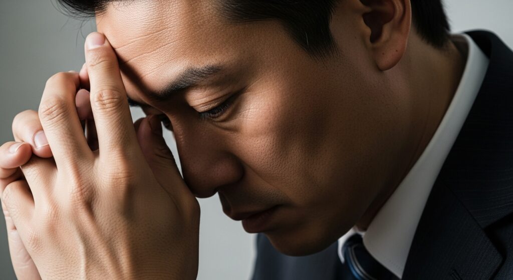 強い劣等感や不安から、頭に手を当てて深く思い悩んでいる日本人男性の横顔。