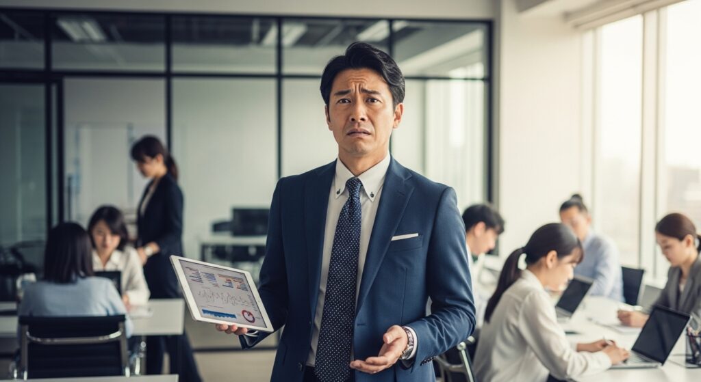 「聞いてません」とタブレットを手に持ち、情報不足で困惑するビジネスマン。