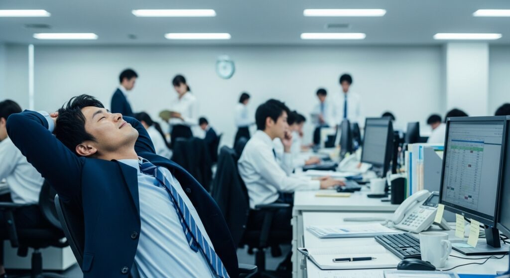 周囲が働くオフィスで、一人だけ責任感がなく他人任せな態度でリラックスする日本人社員。