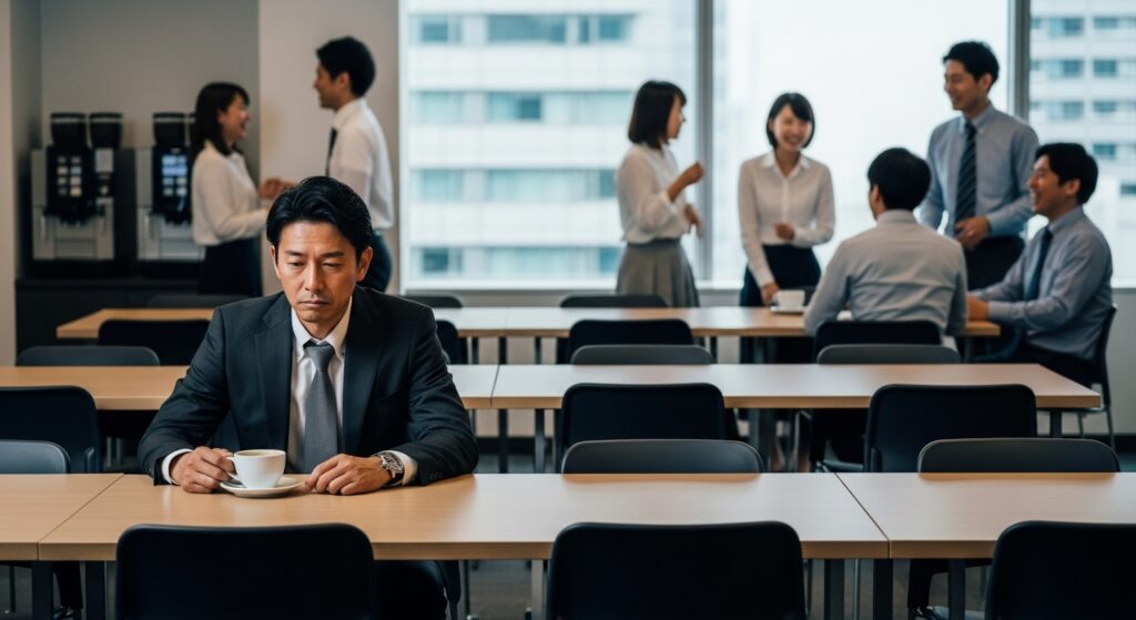 職場の休憩室で、同僚たちが談笑するのを背景に、一人だけ孤立して寂しそうに座っている日本人ビジネスマン。