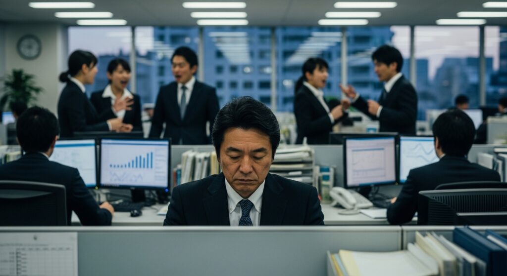 オフィスの中央で一人無表情にパソコンに向かう管理職と、背景で会話を交わす社員たち。周囲から孤立した上司の様子。