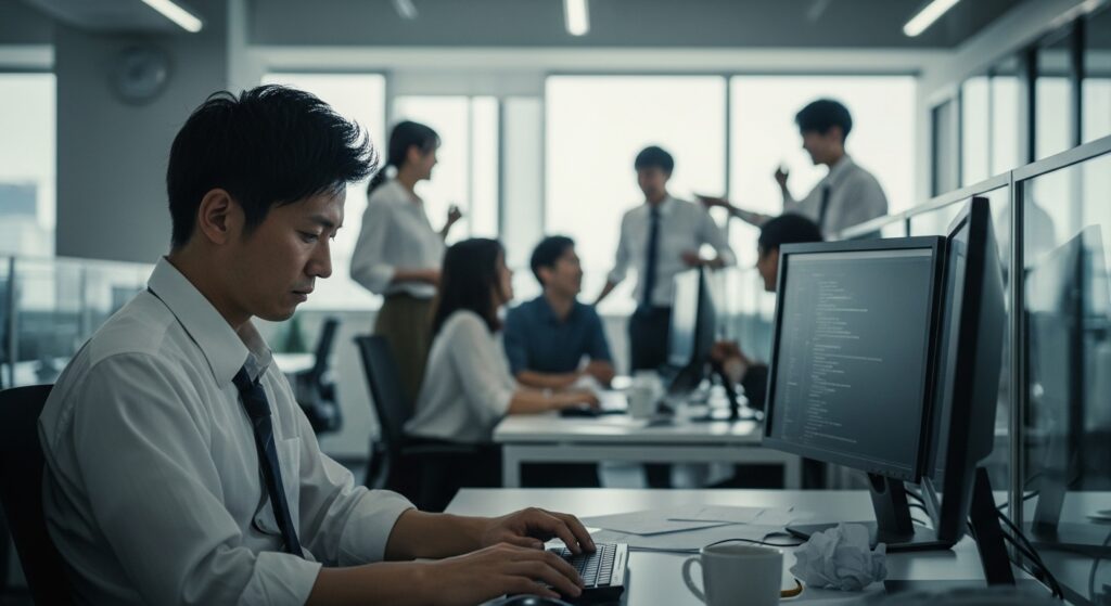 職場で周囲の同僚たちが談笑する中で一人だけ輪に入れず孤立してデスクに向かう男性が迎える、孤独な末路の様子。