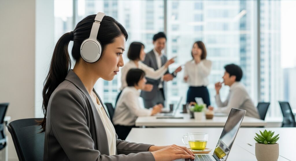 騒がしい周囲から距離を置くためにヘッドフォンを装着し、業務に集中している女性