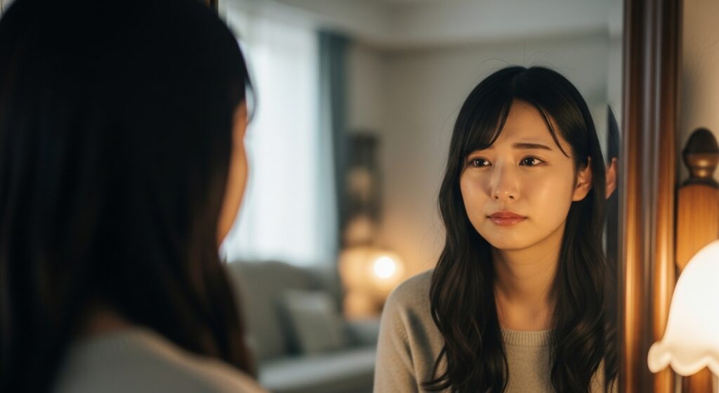 ありのままの自分を認められなかった経験を思い、鏡を悲しい表情で見つめる日本人女性。