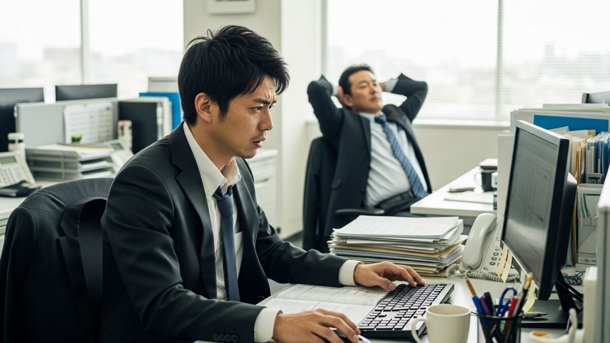 仕事をしない上司のしわ寄せで、山積みの書類に囲まれながら必死にパソコン作業をする若手社員の様子を写したオフィスの光景。