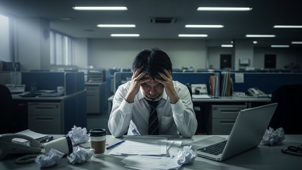 薄暗いオフィスでたった一人、頭を抱えて孤立している男性。社会的信用を失い誰からも助けてもらえなくなった、約束を守らない人が迎える悲しい末路を象徴している。