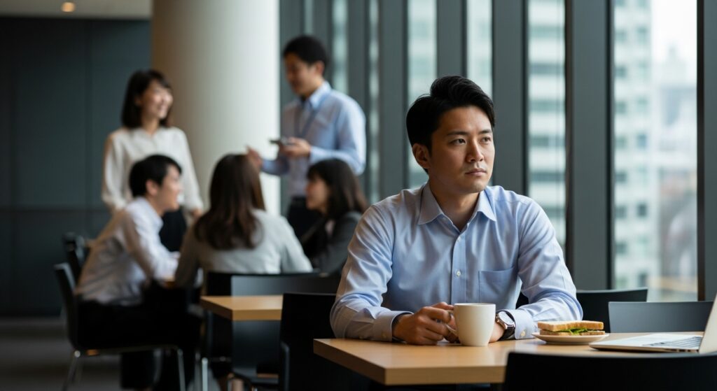 オフィスの休憩室で、談笑する同僚たちから離れ、一人孤立して座る男性