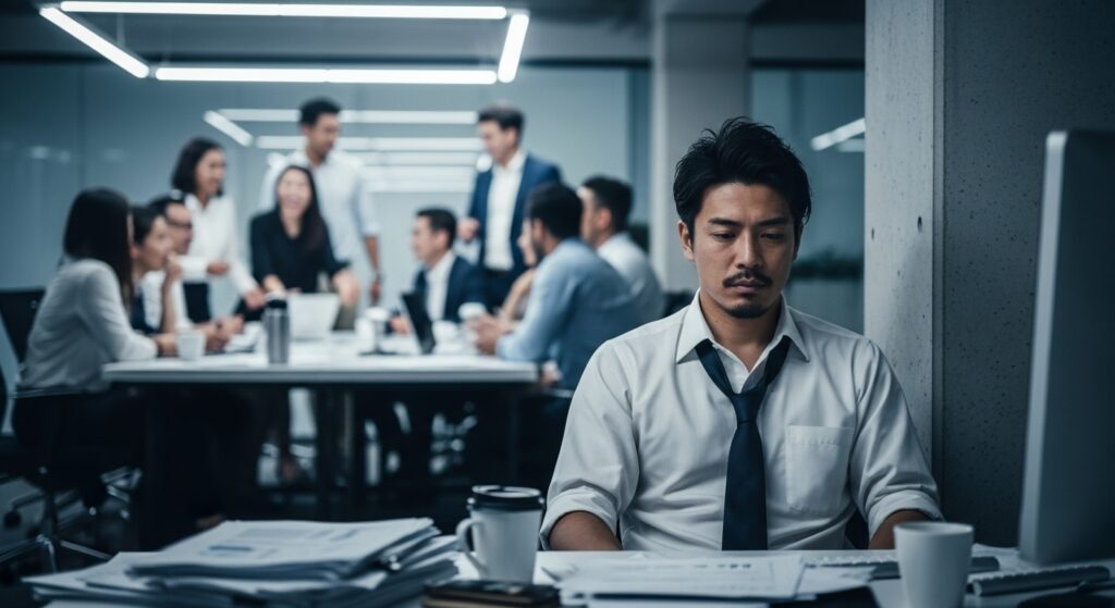 信頼を失い会議にも呼ばれず、オフィスで一人疎外感を感じている日本人ビジネスマン。