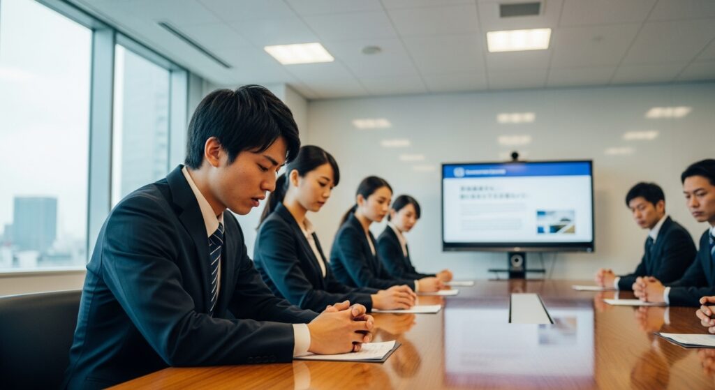 会議室のテーブルでうつむき加減の社員たちが固い表情で座り、心理的安全性が低い職場の雰囲気を伝えている。