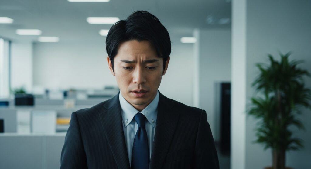 自己肯定感が低く自信がないため、不安そうな表情でうつむくビジネスパーソン。