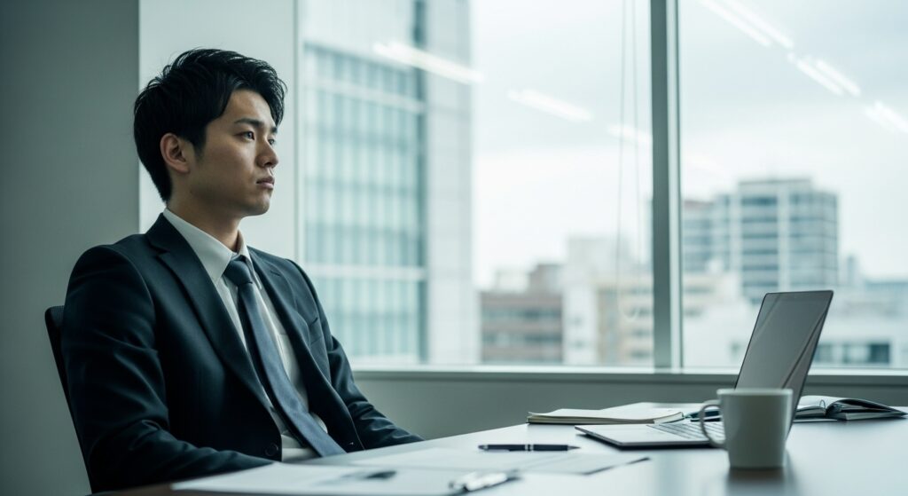 仕事への意欲や関心が低く、オフィスの窓の外をぼんやりと眺める日本人ビジネスパーソン。