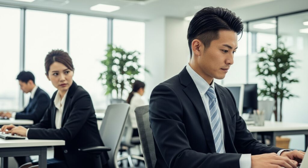 オフィスで偉そうな同僚から心理的な距離を取り、自分の仕事に集中している日本人ビジネスマン。