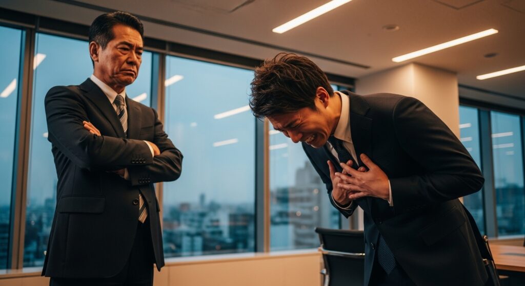 腕を組む上司に対し、苦しそうな表情で頭を下げて言い訳をする部下