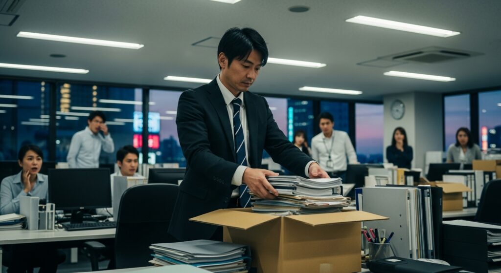 組織改編の中で、オフィスで段ボールに書類を詰めるスーツ姿の男性と、その様子を見守る同僚。部署異動や人員整理のリスクを示している。