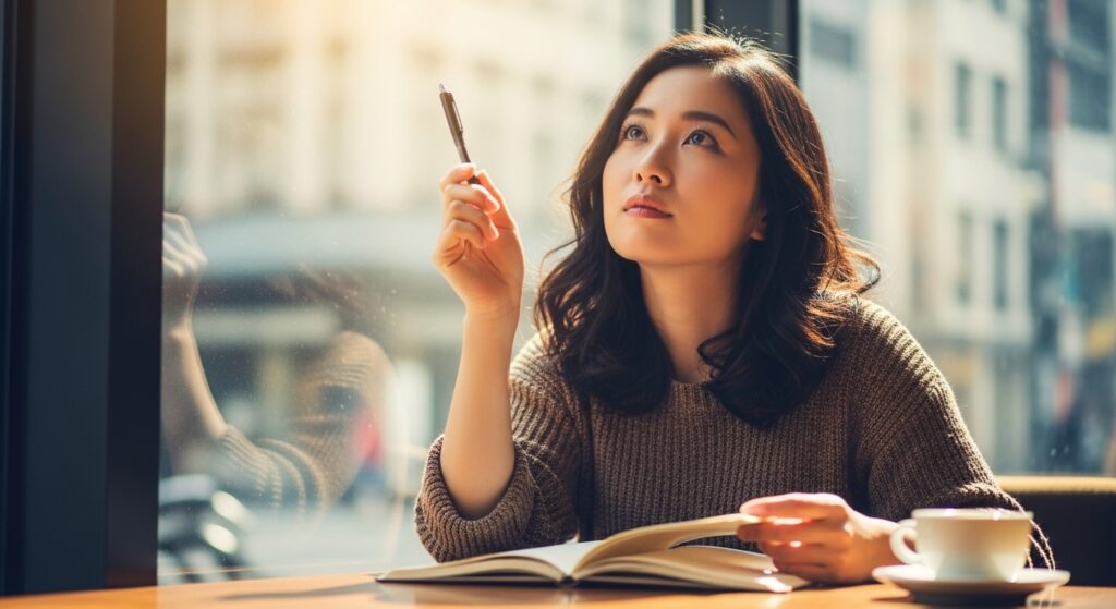 カフェの窓際で日本人女性がペンを持ち、ノートを開いて上を見上げ、思考の癖について考えている様子。