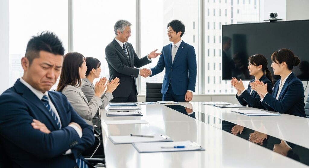 昇進して祝福される同僚を背景に、腕を組んで悔しそうな表情を浮かべる男性