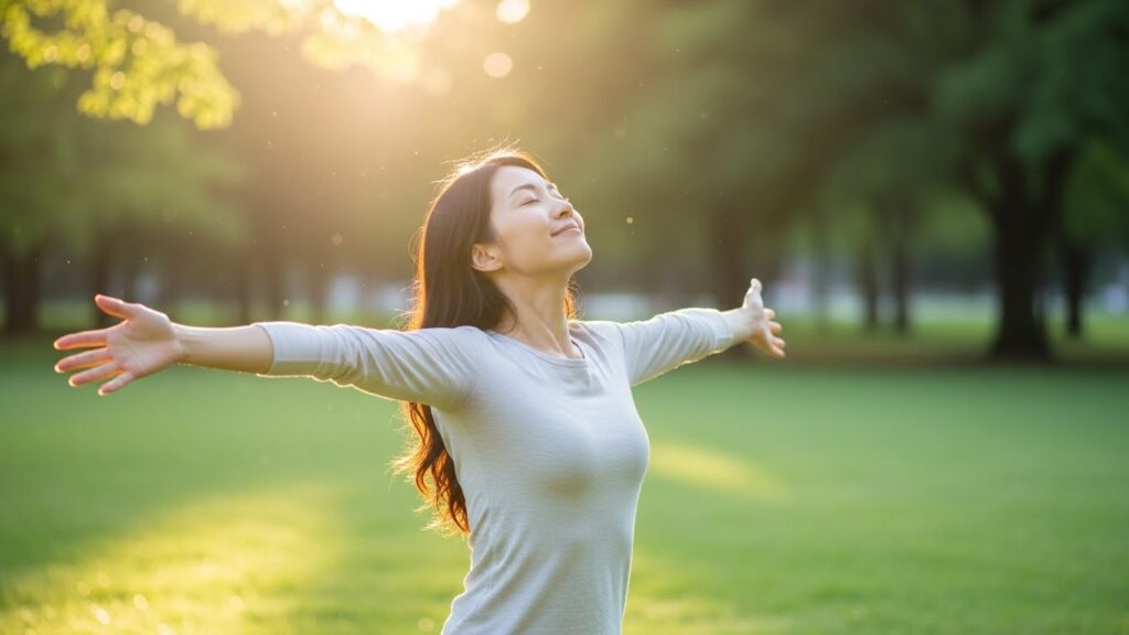 公園で朝日を浴びて深呼吸をする女性。セロトニンの活性化や気分の安定など、心身にとって朝活がメリットだらけであることを象徴するシーン。