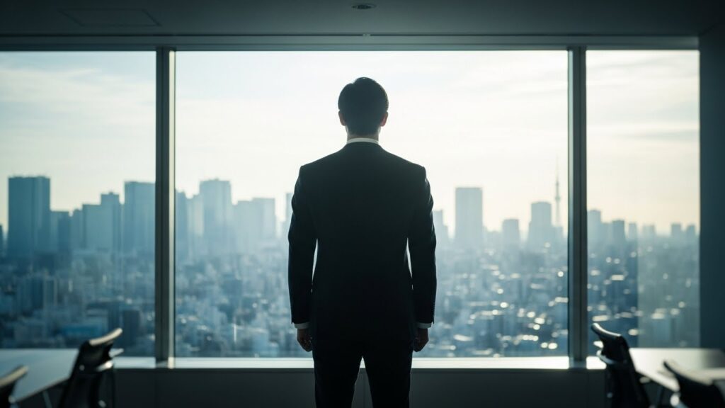 オフィスの窓から朝の都会を見下ろすビジネスマンの後ろ姿。朝活の継続が自信となり、これからのキャリアや人生が好転していく未来を暗示している。
