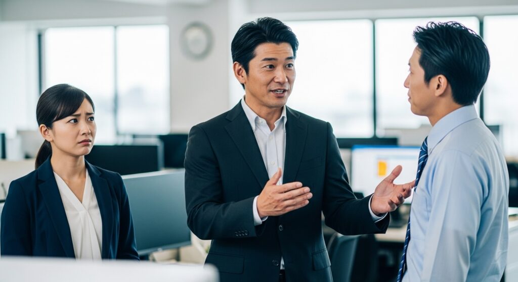 オフィスで相手の話を遮って一方的に自慢話をする、マウントを取る人の典型的な特徴を表した様子。