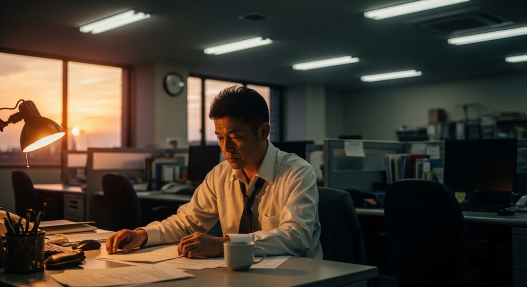 夕暮れのオフィスで周囲から人が離れて孤立してしまった、マウントを取る人の孤独な末路。