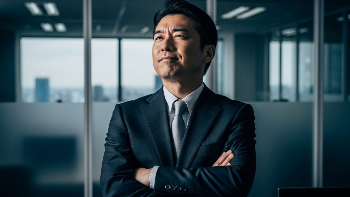 オフィスで傲慢に腕を組む男性社員。マウントを取る人の特徴や心理、さらに悲しい末路暗示する様子。